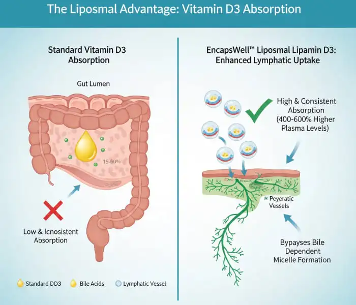 Liposomal Vitamin D3 vs. Standard D3 absorption pathway comparison Liposomal Vitamin D3 vs. Standard D3 absorption pathway comparison